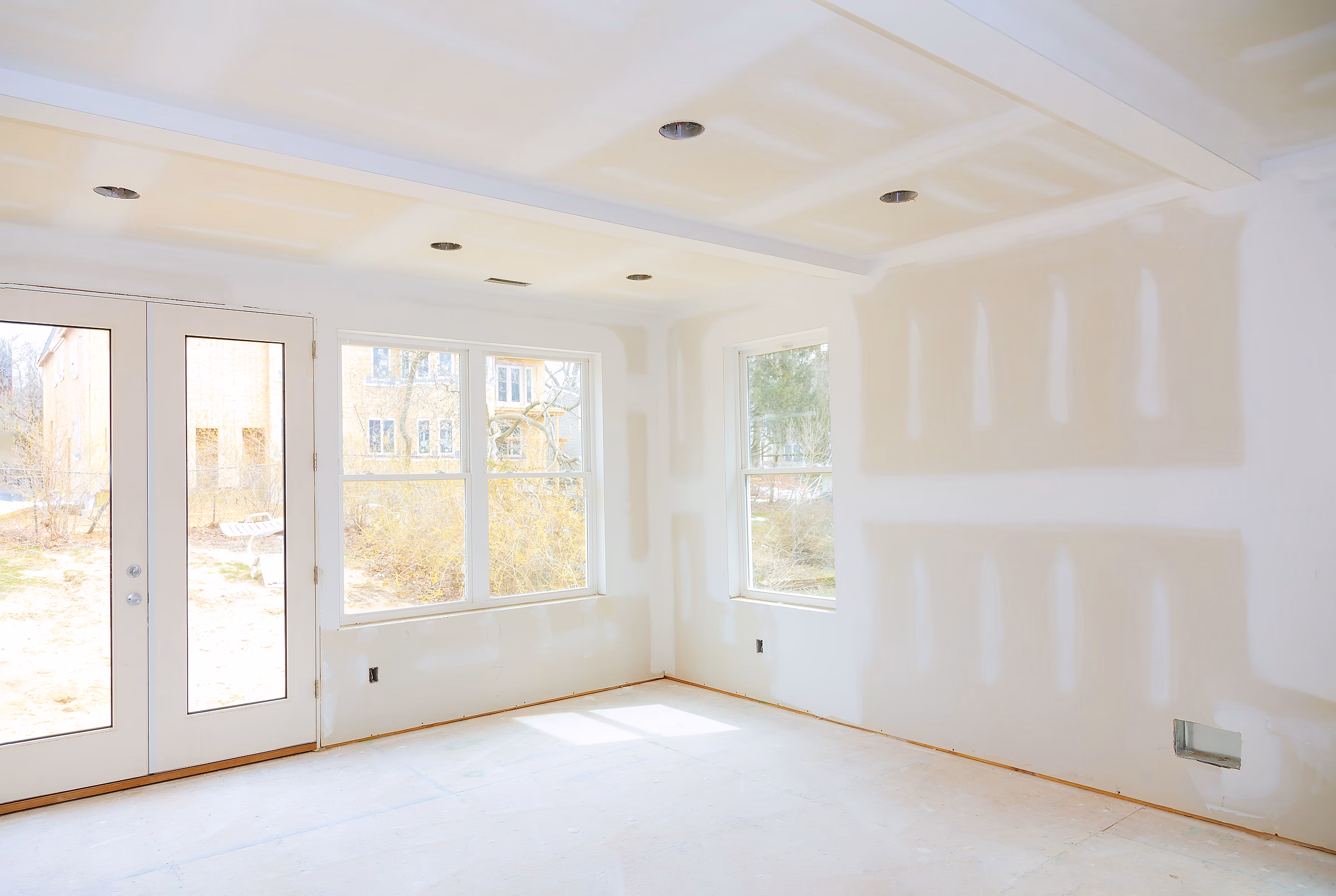 Residential interior rebuilt with new drywall after remediation